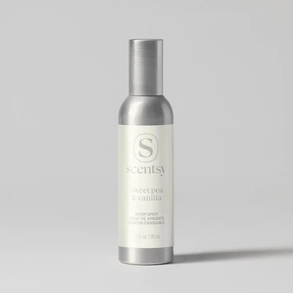 Sweet Pea & Vanilla Room Spray - Cylindrical room spray bottle with brushed silver metal cap and base, cream-coloured label with Scentsy logo, Sweet Pea & Vanilla Room Spray, 80 mL