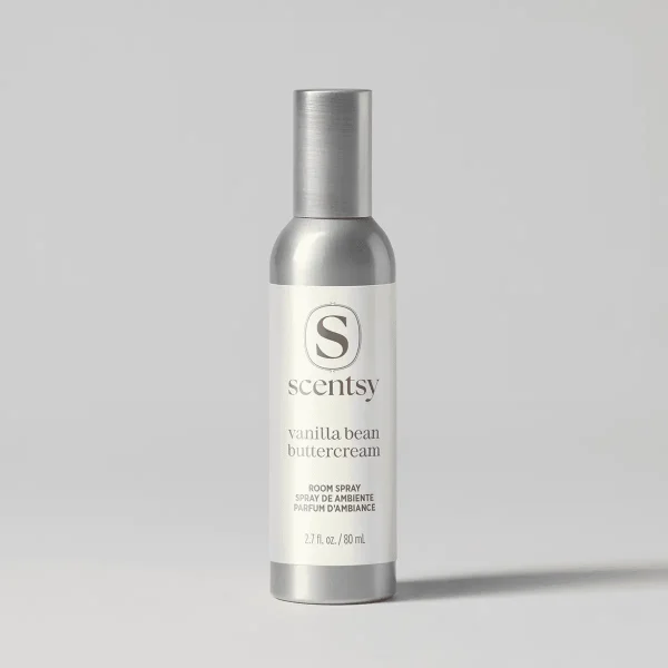 Aluminium spray bottle with a white label featuring the Scentsy logo and text reading "Vanilla Bean Buttercream Room Spray", 2.7 fl. oz./80 mL, against a neutral grey background
