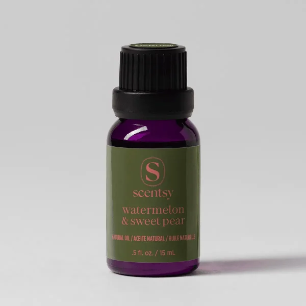Watermelon & Sweet Pear Natural Oil Blend - Dark purple glass bottle with a black screw cap and olive-green label featuring the Scentsy logo, containing Watermelon & Sweet Pear Natural Oil Blend, 15 mL