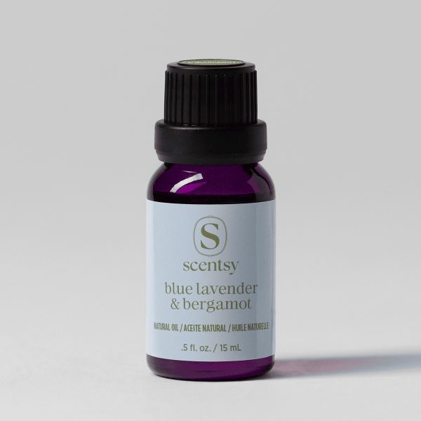 Blue Lavender & Bergamot Natural Oil Blend - Small dark glass bottle with black dropper cap containing deep purple natural oil, labelled Blue Lavender & Bergamot Natural Oil Blend, 15 mL