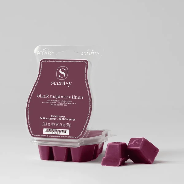 Burgundy wax melts in a clear plastic clamshell tray with a burgundy label reading "Black Raspberry Linen Scentsy Bar", with two individual wax cubes displayed in front