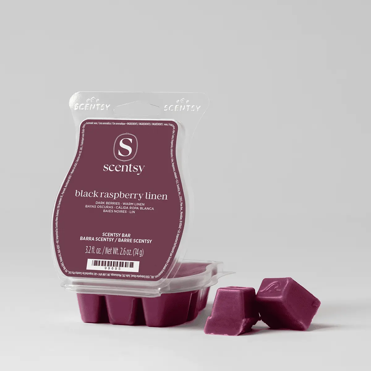 Burgundy wax melts in a clear plastic clamshell tray with a burgundy label reading "Black Raspberry Linen Scentsy Bar", with two individual wax cubes displayed in front