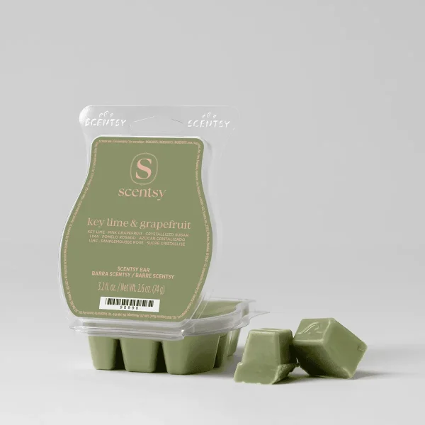 Key Lime & Grapefruit Scentsy Bar - Pale green Scentsy wax bar in a clear clamshell pack labelled Key Lime & Grapefruit Scentsy Bar, with three individual wax pieces displayed in front
