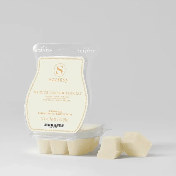 Cream-coloured wax bar segments in a clear plastic clamshell with peach-toned label showing the Scentsy logo and Tropical Coconut Nectar Scentsy Bar product name, with three segments displayed in front