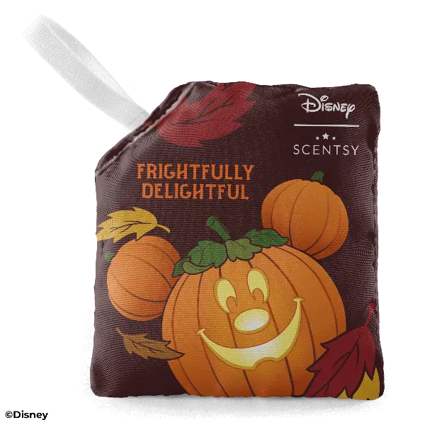 Dark burgundy Scent Pak with pumpkin Mickey Mouse face, orange pumpkins, autumn leaves, and "Frightfully Delightful" text, featuring the Disney Frightfully Delightful Scent Pak with white hanging tab