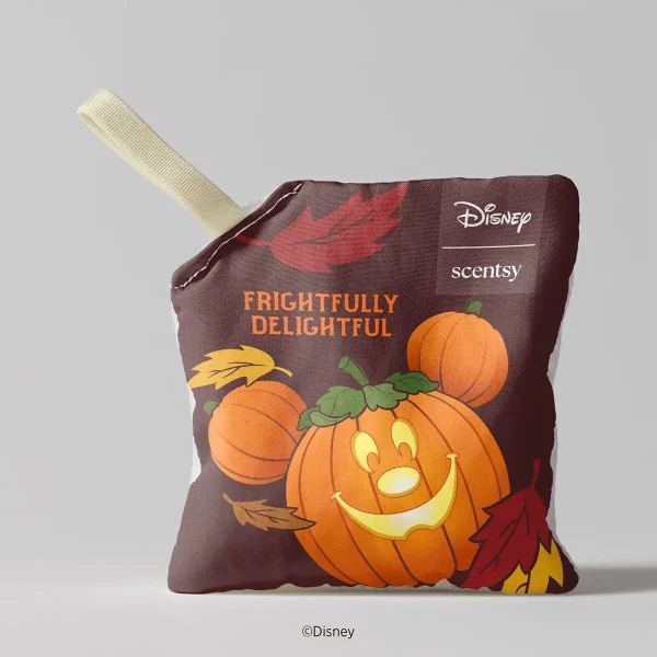 Dark brown fabric pouch with a cream hanging loop, printed with a smiling Mickey-shaped jack-o'-lantern and autumn leaves, the Disney Frightfully Delightful Scent Pak