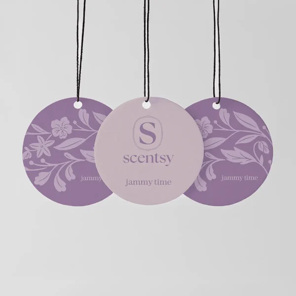 Three circular purple and pale mauve Scent Circles with floral patterns and black hanging strings, the Jammy Time Scent Circle 3-pack