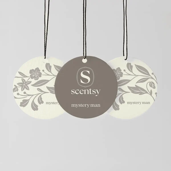 Three circular hanging Scent Circles with black strings on grey background: two cream-coloured circles with grey botanical florals and "mystery man" text, one grey circle with Scentsy logo, for the Mystery Man Scent Circle 3-pack