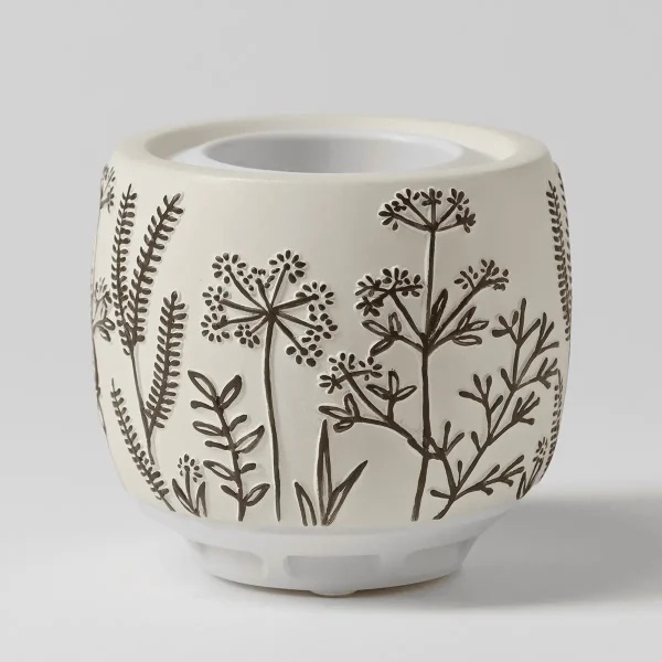 Cream ceramic Scentsy Air diffuser with hand-drawn botanical illustration of delicate seedheads and fern-like foliage in charcoal grey, the Scentsy Air - Dandelion Daze