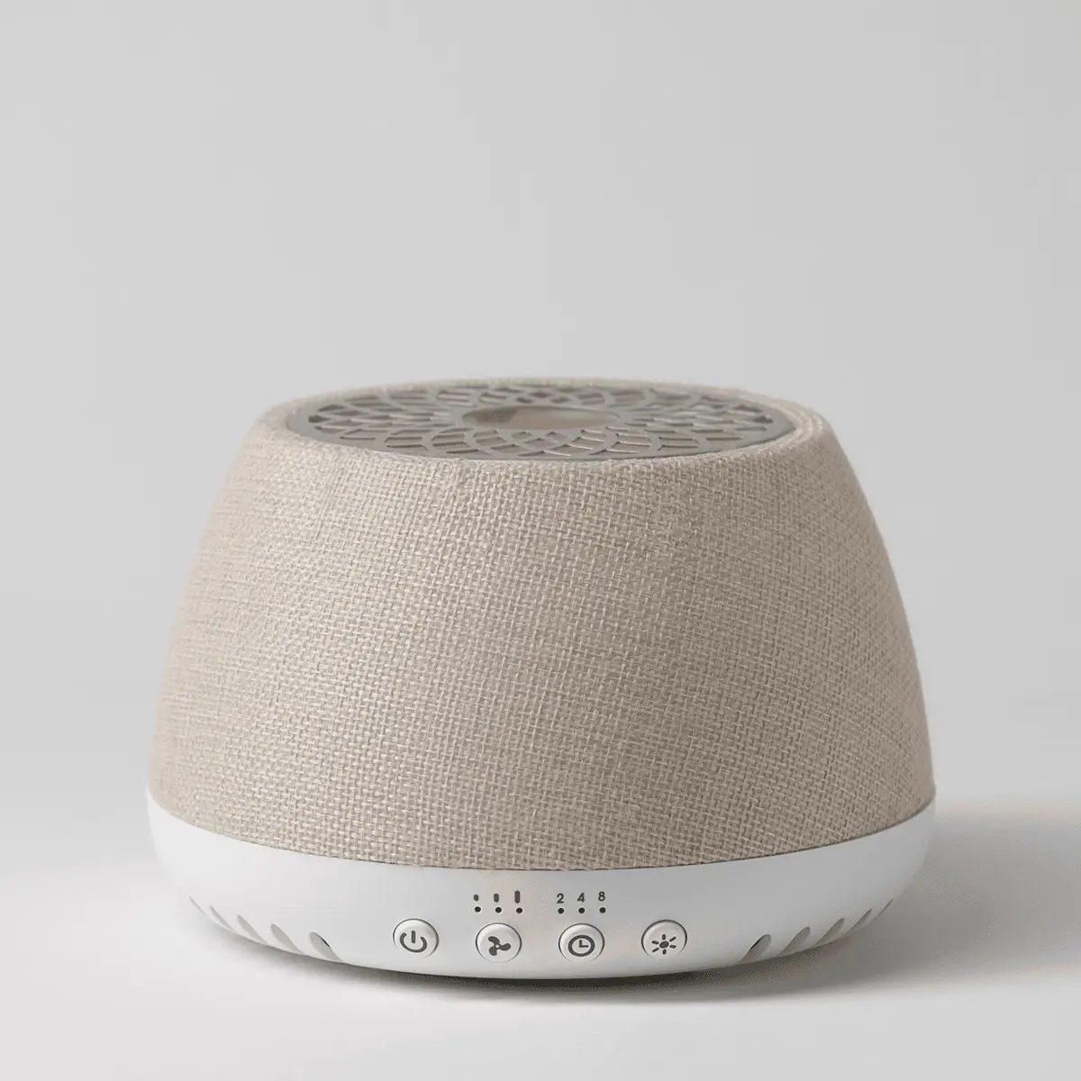 Scentsy Air Quad diffuser with a cream linen-textured fabric top, white base, and touch controls with LED display, the Scentsy Air Quad White - Linen
