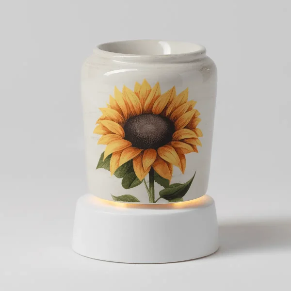 Glossy white ceramic mini warmer with a sunflower illustration featuring golden petals and a dark centre, paired with a white tabletop base with warm light glowing beneath, the Sunflower Mini Scentsy Warmer with Tabletop Base