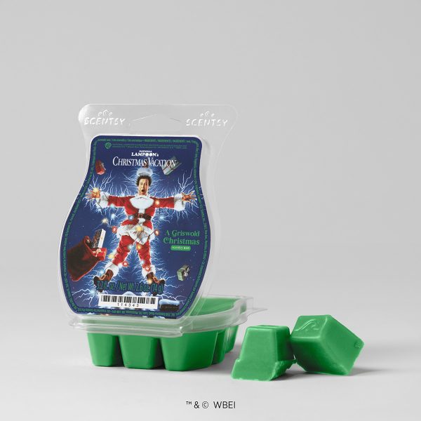 A Griswold Christmas Scentsy Bar - Bright green Scentsy wax melts in a clear clamshell package decorated with a Christmas Vacation film poster featuring a character in a red Santa suit with outstretched arms, labelled A Griswold Christmas, with two individual wax blocks displayed in front