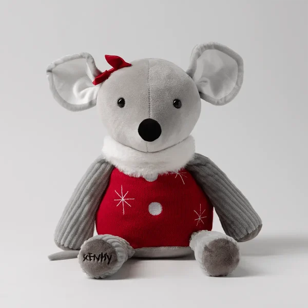 Soft plush mouse with a white head, grey ribbed arms and legs, red sweater embellished with white stars and snowflake details, red bow on head, and black nose and eyes, Crystal the Christmas Mouse Scentsy Buddy