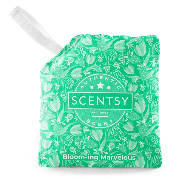 Bloom-ing Marvelous Scent Pak - Bright green Scent Pak with cream botanical pattern featuring strawberries and flowers, white ribbon loop, and Scentsy circular logo, labeled Bloom-ing Marvelous