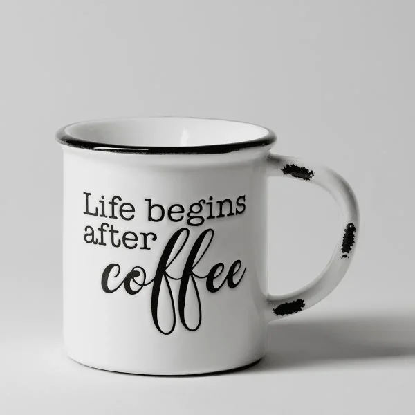 White enamel-style mug with black rim and handle featuring black text reading "Life begins after coffee", the But First, Coffee Scentsy Warmer