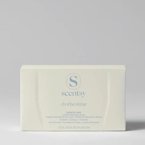 Cream-coloured rectangular box for Clothesline Scentsy Suds laundry detergent sheets, displaying the Scentsy logo and product details in grey text
