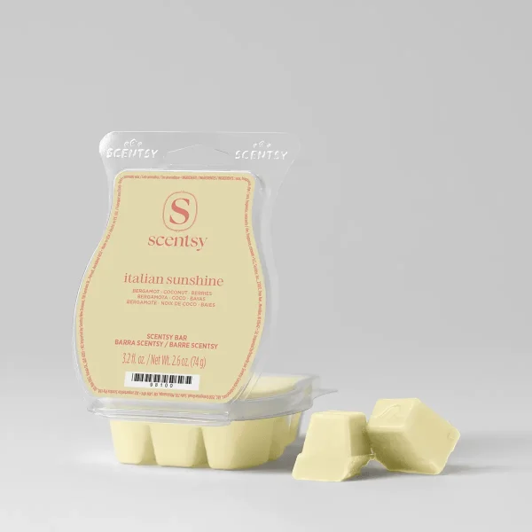 Pale yellow Scentsy Bar wax with six individual cubes visible, packaged in clear plastic with coral-printed label showing the Italian Sunshine Scentsy Bar scent notes and branding
