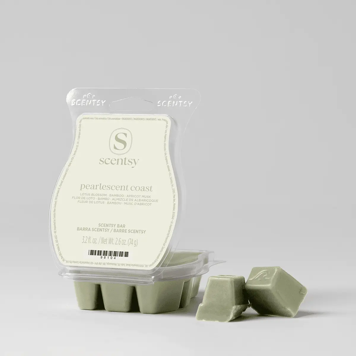 Pale green wax bars in a clear clamshell package labelled Pearlescent Coast Scentsy Bar, with three bars still in the mould and two individual bars displayed in front