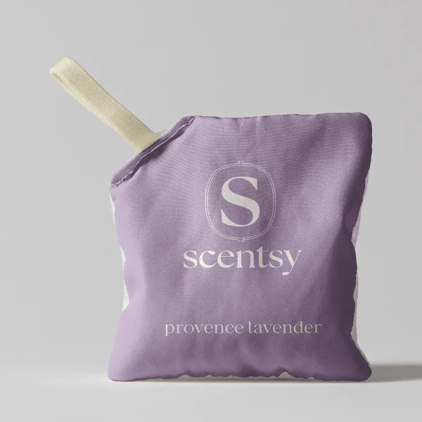Provence Lavender Scent Pak - Lavender-purple fabric Scent Pak with a cream-coloured drawstring handle, embossed with the Scentsy logo and "provence lavender" text