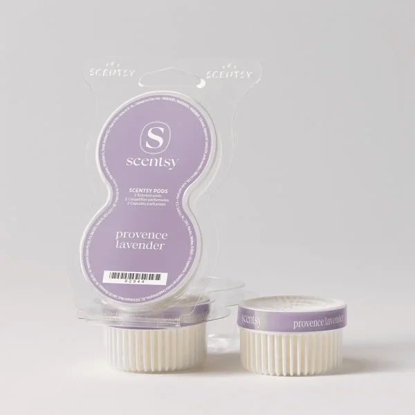 Provence Lavender Scentsy Pods pack with two scented wax pods in cream-coloured ridged cups, purple branded label, and clear clamshell packaging with carry handles