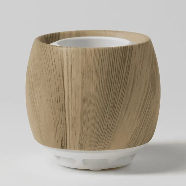 Rounded ceramic diffuser with textured wood-grain pattern in natural tan, white base, the Scentsy Air - Beach Wood