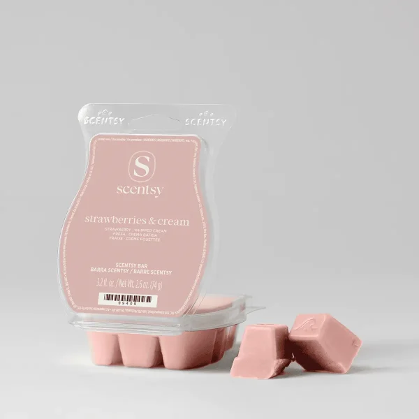 Strawberries & Cream Scentsy Bar - Pale pink Scentsy wax melts in the scalloped-edge clamshell tray, with several individual cubes displayed beside the packaged Strawberries & Cream Scentsy Bar