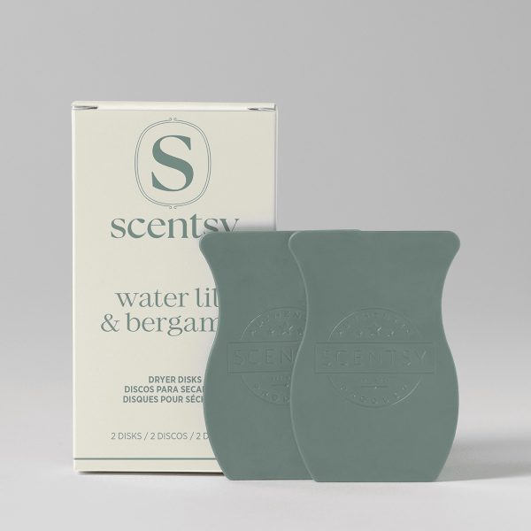 Water Lily & Bergamot Dryer Disks - Sage-green waxy dryer disks with embossed Scentsy branding, displayed alongside cream packaging for Water Lily & Bergamot Dryer Disks