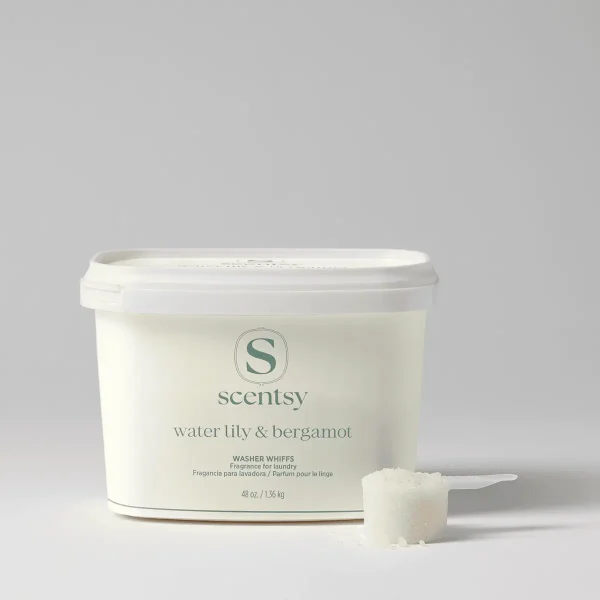 Water Lily & Bergamot Washer Whiffs Tub - Water Lily & Bergamot Washer Whiffs Tub - Cream-coloured tub of Water Lily & Bergamot Washer Whiffs with white lid and a measured scoop of white granules displayed in front