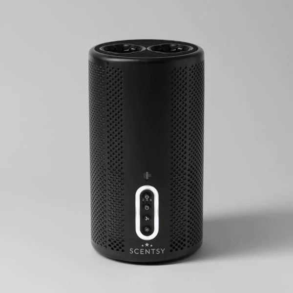 Black cylindrical air purifier with a perforated metal mesh body, dual vents on top, and a control panel with touch buttons and power icon, the Scentsy Air Purifier in Black