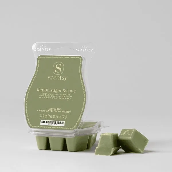 Lemon Sugar & Sage Scentsy Bar - Pale sage-green wax bar with six individual segments in a clear plastic clamshell, Lemon Sugar & Sage Scentsy Bar, with two chunks displayed separately beside the packaging