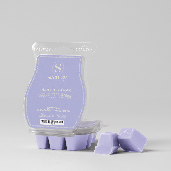Blankets of Love Scentsy Bar - Lavender Scentsy Bar in clear clamshell packaging labeled Blankets of Love, with six purple wax segments displayed below