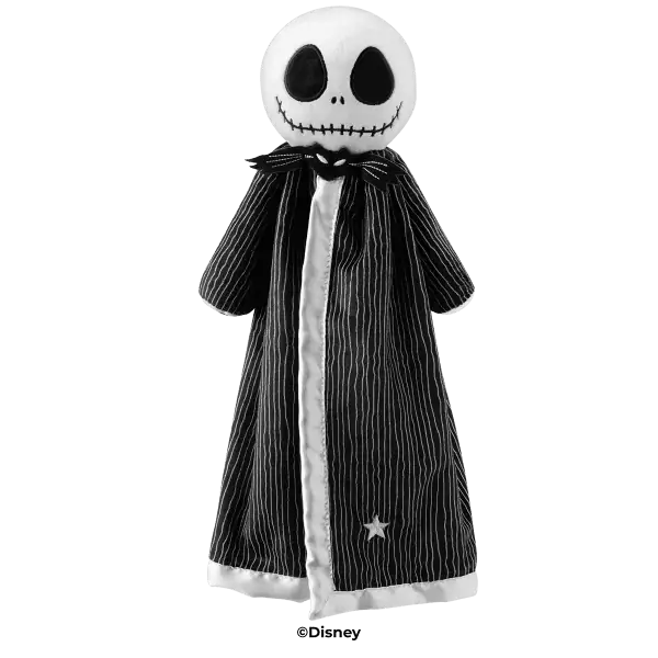 Plush toy with a large round white head featuring black oval eyes and a stitched smile, wearing a black pinstriped coat with a bow tie and white fur trim, the Disney Jack Skellington Scentsy Blankie Buddy