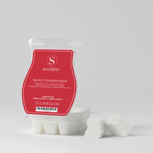 Merry Wonderland Scentsy Bar in red packaging with clear clamshell, showing white wax cubes in the tray below with a few removed cubes displayed separately