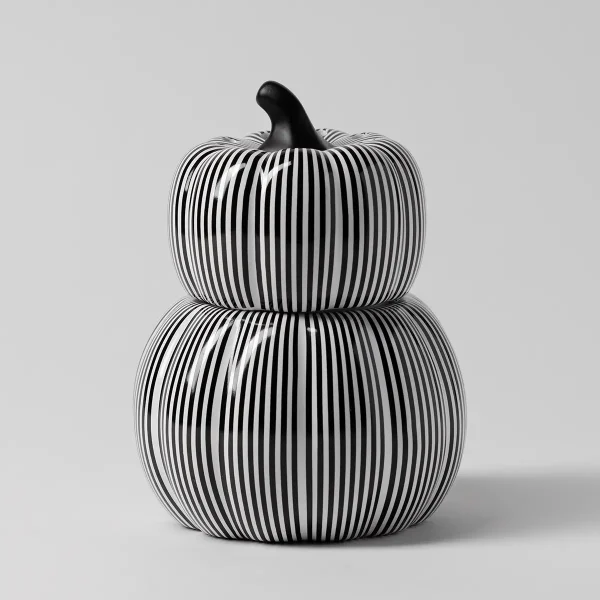 Stacked black and white striped ceramic pumpkins with a glossy finish and black stem, the Courtly Striped Pumpkin Scentsy Warmer