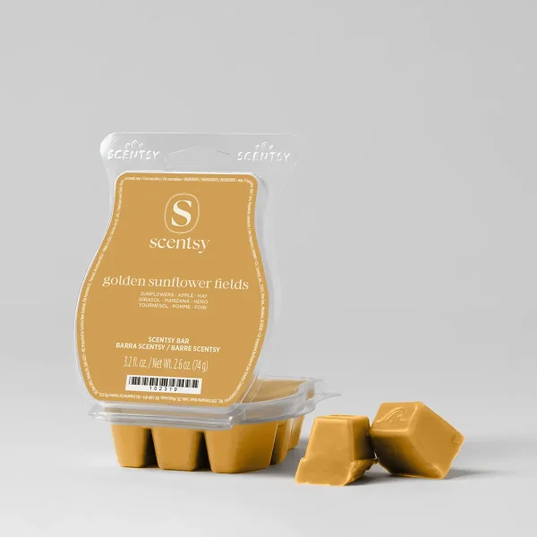 Golden Sunflower Fields Scentsy Bar - Golden-yellow wax bar in a clear clamshell package with gold label showing the Scentsy logo and Golden Sunflower Fields scent name, with six individual wax cubes displayed in front