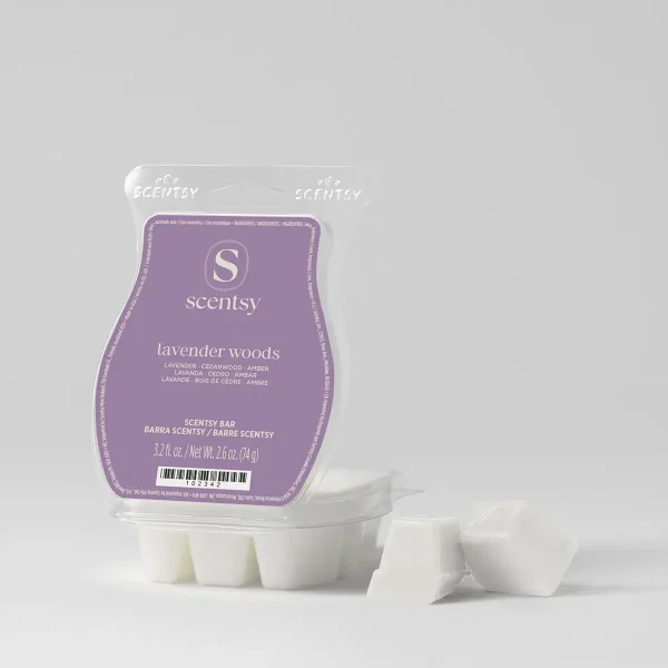 Lavender Woods Scentsy Bar in purple packaging with white clamshell-style wax melts displayed in front