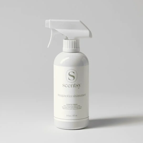 White spray bottle with trigger dispenser, printed with the Scentsy logo and "magnolia shimmer" text, labeled Magnolia Shimmer Scentsy Fresh fabric spray, 15 fl oz