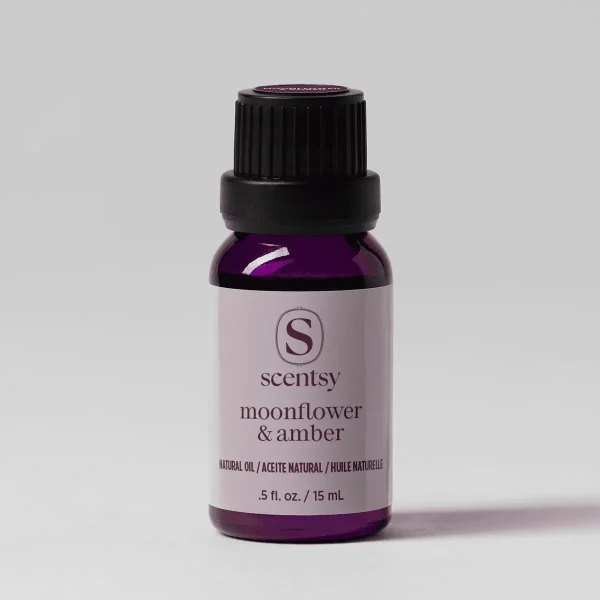 Moonflower & Amber Natural Oil Blend - Moonflower & Amber Natural Oil Blend - Deep purple glass bottle with black ridged cap and pale lavender label reading "scentsy moonflower & amber", containing natural oil blend, 15 mL size