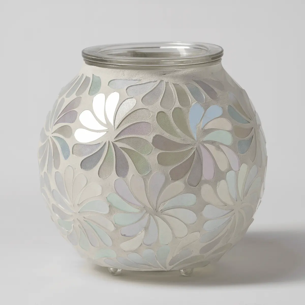 Rounded frosted glass warmer with a carved daisy pattern in soft neutral and pastel tones, the Sky Blossom Scentsy Warmer