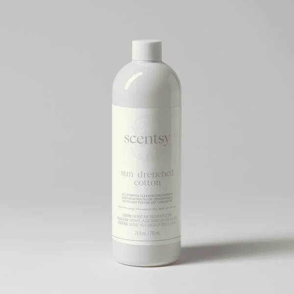 White bottle with white cap containing Sun-Drenched Cotton All-Purpose Concentrate cleaner, 24 fluid ounces, with product label and usage instructions visible