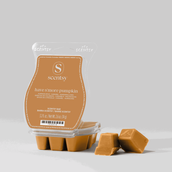 Have S'more Pumpkin Scentsy Bar - Golden-brown Scentsy Bar wax in the Have S'more Pumpkin fragrance, shown in clear clamshell packaging with product label and six individual wax cubes displayed in front