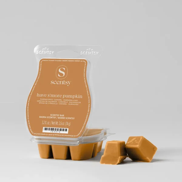 Caramel-coloured wax bar with a pumpkin spice scent profile, Have S'more Pumpkin Scentsy Bar, shown in clear clamshell packaging with six individual wax cubes displayed below