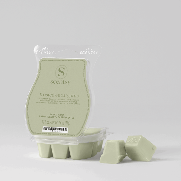 Pale green Frosted Eucalyptus Scentsy Bar in clear plastic clamshell packaging with six breakable wax cubes displayed below