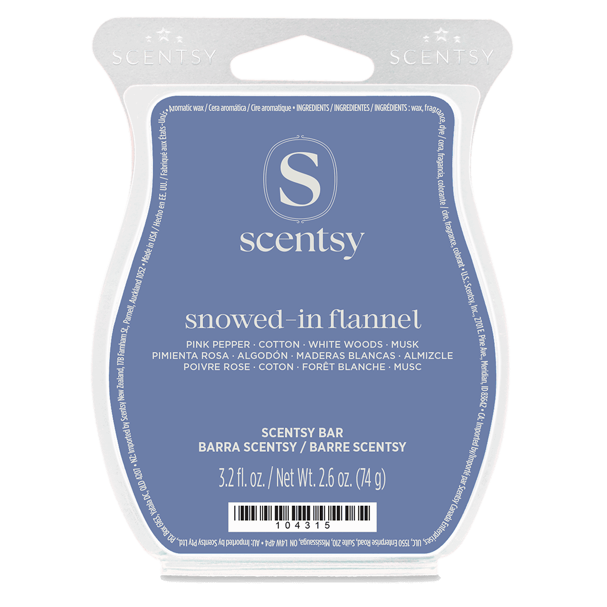 Scentsy Bar in periwinkle-blue clamshell packaging labeled Snowed-In Flannel, 2.6 oz