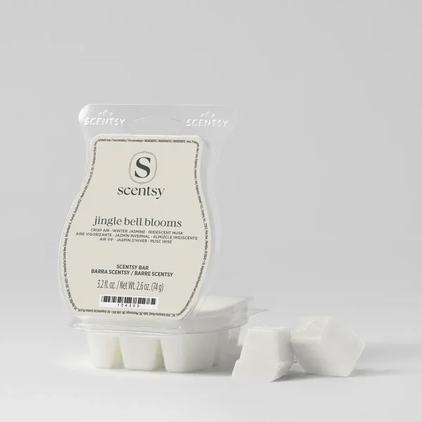 Cream-coloured wax bar in translucent packaging with the Scentsy logo and Jingle Bell Blooms Scentsy Bar labelling, shown with six individual wax melts removed and arranged in front