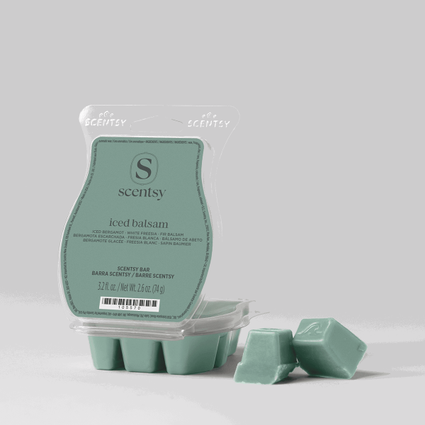 Pale green wax bar labeled Iced Balsam Scentsy Bar in clear clamshell packaging, with three individual chunks displayed in front