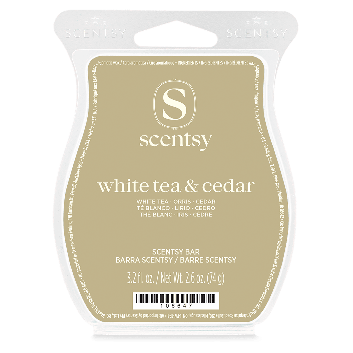 Scentsy White Tea & Cedar wax bar in beige packaging with white text, showing product name, ingredients in multiple languages, net weight of 2.6 ounces, and barcode.