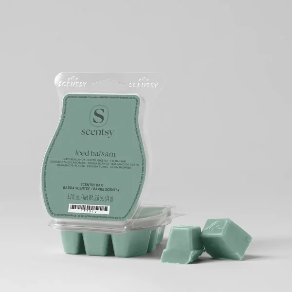 Pale green Scentsy Bar wax in the shape of six segments within a clear plastic clamshell packaging, with three individual wax pieces displayed in front, the Iced Balsam Scentsy Bar