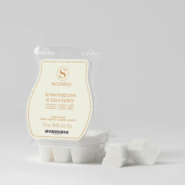 Lemongrass & Lavender Scentsy Bar - Lemongrass & Lavender Scentsy Bar - Cream-coloured Scentsy Bar wax melt package for Lemongrass & Lavender with tan branding, surrounded by six white wax cubes
