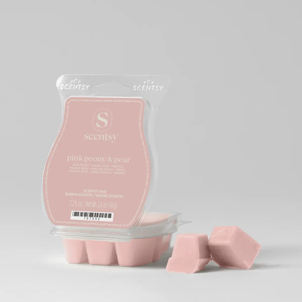 Pink Peony & Pear Scentsy Bar in pale pink wax, shown in its clear plastic clamshell packaging with several individual wax cubes displayed in front